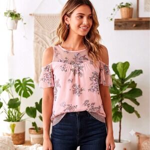 Amywear Pink Floral Cold Shoulder Swiss Dot Mesh Blouse Top Medium 107EL87‎